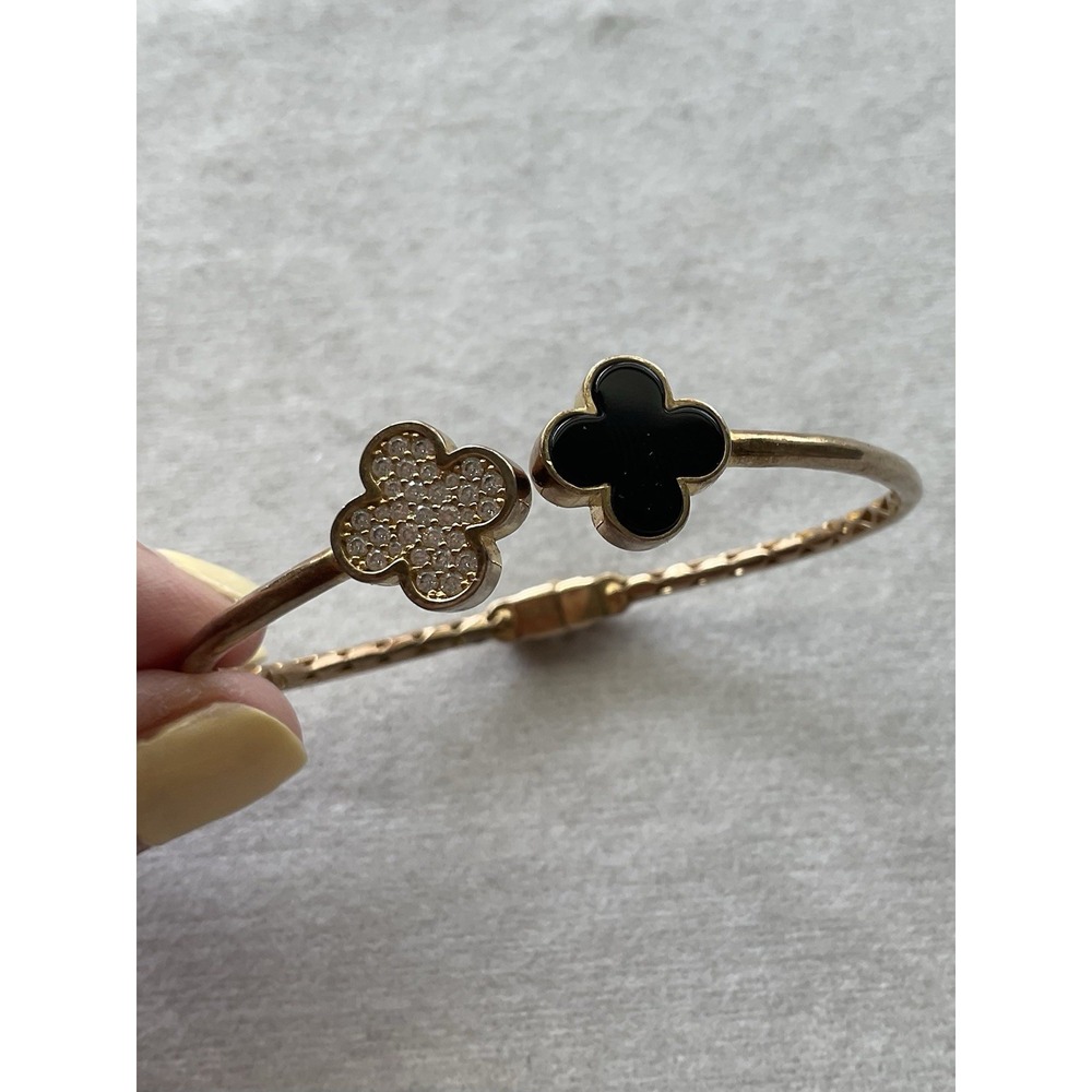 RHC 925 Sterling Silver Bangle Bracelet Black & Clear Stone Clovers Estate Jewel